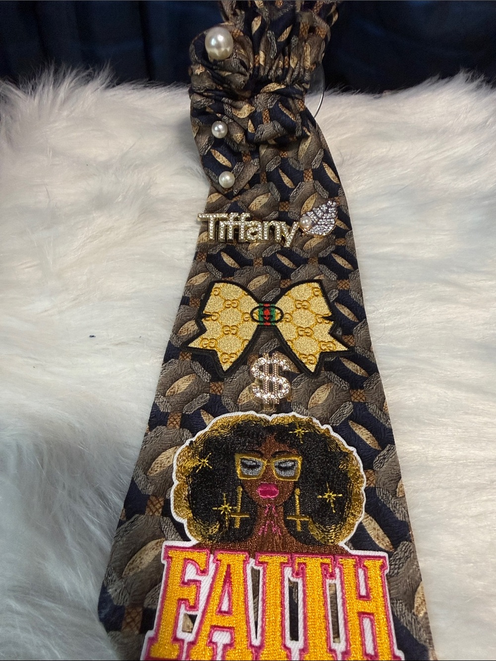 Tiffany & Co. Embellished Black & Gold Patterned Women's Neck Junk Tie
